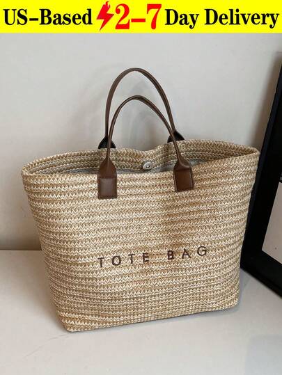 New Fashion Large Capacity Letter Decor Woven Straw Tote Bag, Minimalist Elegant Women Shoulder Handbag, Multi-Functional Commuter Casual Vacation Woven Straw Handbag, New Beach Vacation Shoulder Underarm Straw Large Bag, Eye-Catching Beach Bag Summer, Summer Straw Beach Bag For Women, Suitable For Commuting, Shopping, Beach Vacation And Beach. , Office, Holiday[US Local Warehouse]The Best Gift Choice, Birthday Gift