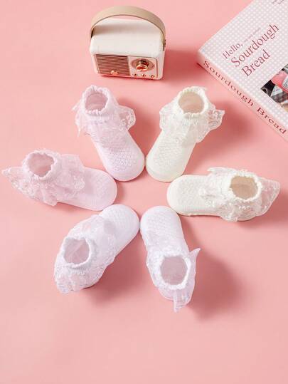 6/3/1 Pair Girls' Lightweight Lace Trim Socks, Classic Fashion Breathable Moisture-Wicking Mesh Socks, Cute & Comfortable Solid Color Short Socks, Suitable For School, Outdoor Travel, Home Leisure, Wedding Attendance