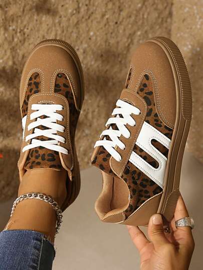 2026 New Leopard Print Patchwork Casual Sneakers, Fashionable Outdoor Sports Shoes For Teenagers