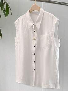 Blusa de lino sin mangas para mujer, con cuello de solapa, botón negro, bolsillo único, holgada y casual, transpirable para uso diario en verano - Blanco - Ver 1