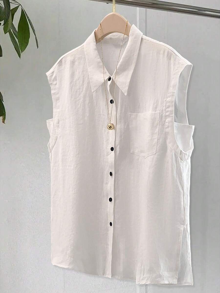 Blusa de lino sin mangas para mujer, con cuello de solapa, botón negro, bolsillo único, holgada y casual, transpirable para uso diario en verano - Blanco - Ver 1