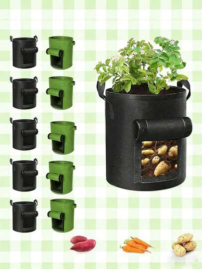 7-Gallon And 10-Gallon (Approximately 35.7 Liters) Potato Planting Bags, With Reinforced Handles And Thick Non-Woven Fabric Flower Pots For Indoor Gardening. They Have Good Drainage And Ventilation, Providing An Ideal Growing Environment. They Can Be Reused For More Than 3 Years And Are Suitable For Tomatoes, Vegetables And Fruits.
