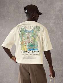 SUMWON Summer Club Positano Amalfi Italian Inspired Graphic Tee Vacation Resort Beach Travel Casual Oversized Cotton-Shirt Summer Holiday Leisure WearMinimalist Style  Sweatshirt - 黃色 - 查看 5