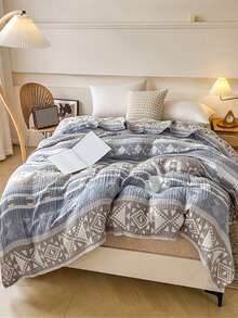 1 chiếc chăn gạc 3 lớp mềm mại và thoải mái, 100% cotton, trọng lượng cao, họa tiết kẻ caro thân thiện với da, kết cấu mịn và mềm mại, thích hợp để ngủ trưa, nghỉ ngơi, làm khăn choàng, hoàn hảo để thư giãn và ôm ấp. - GELIN-Xanh-Xám - Xem 3
