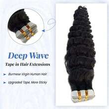 Tape In Hair Extensions Human Hair Deep Wave Invisible Brazilian Curly Tape In Extensions Human Hair Natural Black 20Pcs/Set - Natural Black - View 4