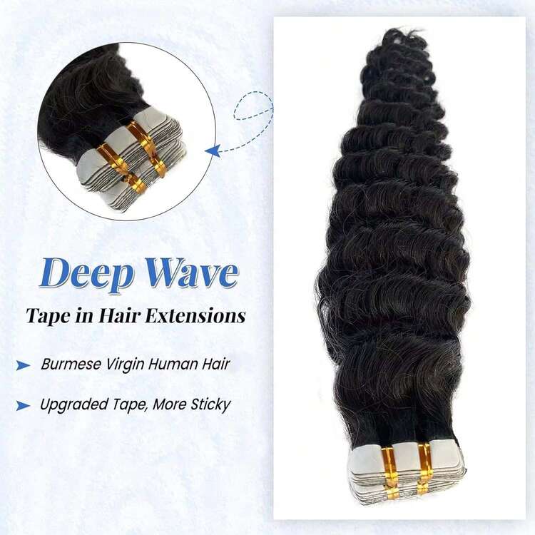 Tape In Hair Extensions Human Hair Deep Wave Invisible Brazilian Curly Tape In Extensions Human Hair Natural Black 20Pcs/Set - Natural Black - View 3