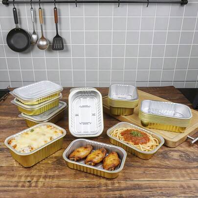 10pcs/Pack Disposable Gold Rectangular Aluminum Foil Baking Trays, Multi-Size Options, Takeout Packaging Boxes, Suitable For Oven, Air Fryer