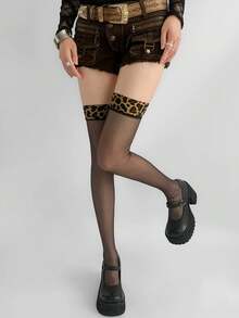 1 Pair Sheer Thigh High Stockings, Leopard Print Sexy Goth Sheer Tights, Red Plaid Trim Thigh High Socks, Punk Rock Cute Y2K Aesthetic - Multicolor - View 12