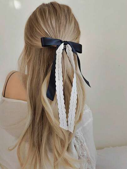 1pc Women's Hair Accessory, Bohemian Style Long Black Bowknot Hair Clip, Elegant Ballet Butterfly Ribbon Hair Clip, High-End Occipital Ribbon Headpiece, Versatile Daily Hair Accessory