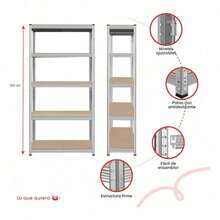 Estante Ajustable de 5 Niveles Metal-MDF 180x40x90 cm - Organizador Resistente en Color Gris para Casa y Oficina - Blanco y Negro - Ver 6