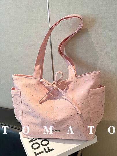 1个休闲风格大容量手提包，星形装饰时尚单肩包，多口袋日常使用包（不含配件），适合旅行、工作、购物、大学、通勤、上学等场合，适合女性和年轻女孩。