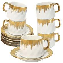 6-Piece European Luxury Cappuccino Coffee Cup And Saucer Set, Gold-Rimmed Ceramic Coffee Cups, Elegant Turkish Tea Cup Set, Suitable For Parties, Afternoon Tea Cups, Suitable For Coffee Shop Tableware, Exquisite Matcha Water Cup Set. (100ml) - White Brushing - View 8