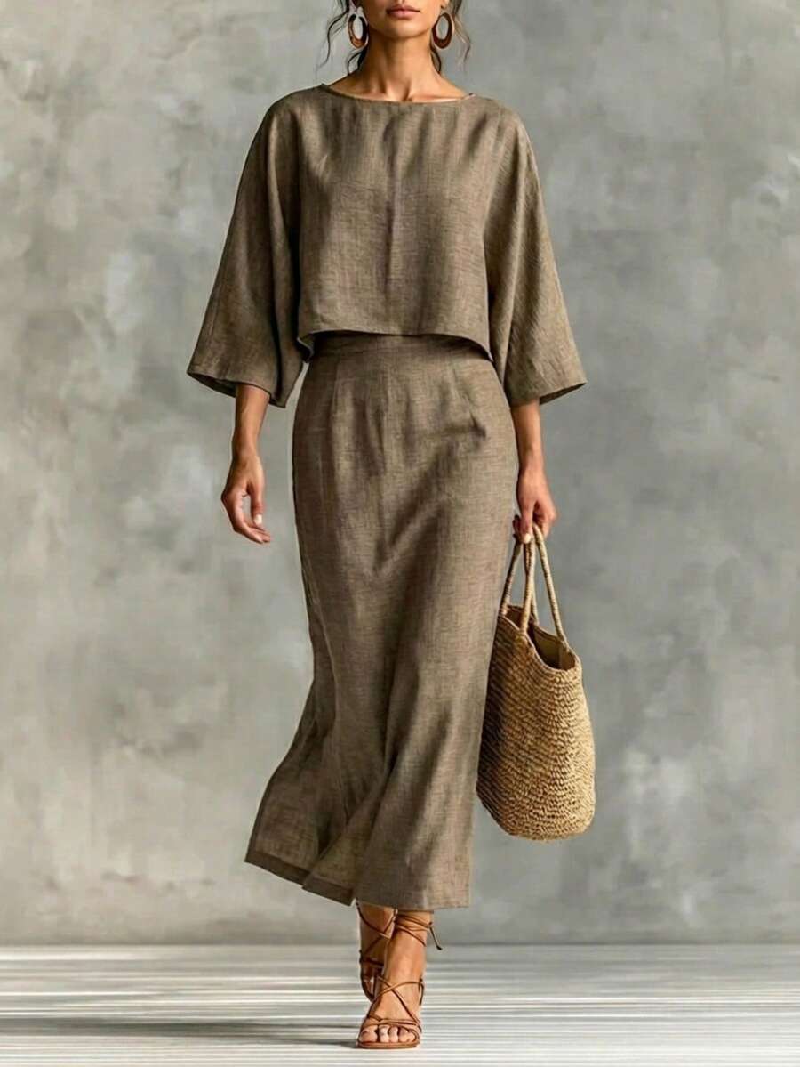 Women's Comfortable Breathable Elegant Linen-Like 2-Piece Set, Batwing Loose Top & Pleated Wrap Maxi Skirt, Suitable For Summer Vacation Spring - Coffee Brown - View 1