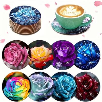 8pcs Diamond Art Coasters With Stand + 8 Soft Cork Pads, DIY Rose Series Diamond Art Coasters, Suitable For Adult Sewing 5D DIY And Beginner Diamond Painting Kits, Diamond Painting Craft Supplies, Exquisite Gift For Friends