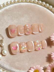 10pcs Handmade Wearable Nail Stickers, Japanese Nude Transparent False Nails, Heart Rhinestone Nail Art Decals, Removable & Reusable Whitening Nail Stickers - Multicolor - View 2