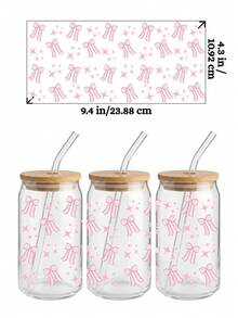 Bộ 4 miếng dán chuyển nhiệt UV DTF cho cốc thủy tinh 16oz (9.4x4.3 inch), không cần nhiệt, họa tiết nơ hồng dễ thương, trái tim anh đào, phong cách tươi mới, chống thấm nước, tự dính, thích hợp cho cốc Libbey, quà tặng DIY cho bé gái. - Coquette 01 - Xem 5