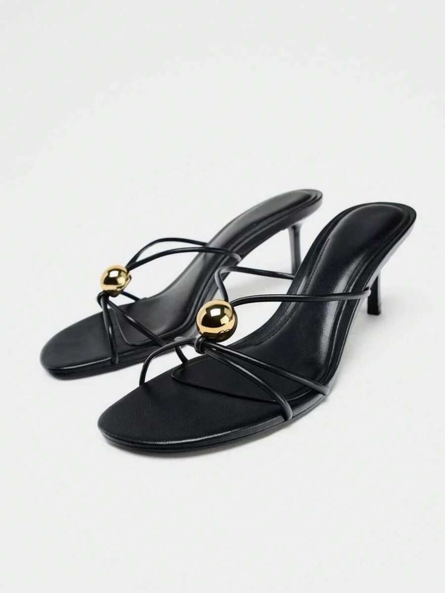 Sandal cao gót quai kim loại trang trí mùa hè, giày mule gót mỏng phong cách nghỉ dưỡng tối giản. - màu đen - Xem 1