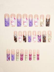 24片浪漫风矩形美甲贴纸，Y2K金属几何花卉图案法式美甲全覆盖假指甲，适合女性和女孩，春夏派对、办公室、日常佩戴皆宜。内含1张美甲胶贴和1个迷你指甲锉，随机果冻胶发货。 - 彩色 - 查看 2