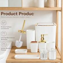 Bathroom Accessories Set, 9 Pieces Pink Bathroom Sets Complete With Toothbrush Holder, Trash Can, Lotion Soap Dispenser, Toothbrush Cup, Vanity Tray, Soap Dish, Toilet Brush, Qtip Holder For New Home Bathroom Accessories Bathroom Organizer Bathroom Decor Summer Back To School Storage - 白色 - 查看 6