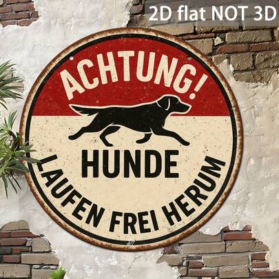 1pc 8" X 8" Flat Round Decorative Sign, "Caution! Dog At Large", Vintage Style Wooden Plaque Suitable For Home, Garden, Bedroom, Kitchen, Cafe, Patio Decor, Pre-Drilled Holes As Shown