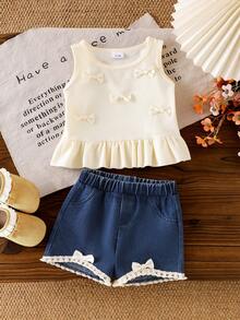 2件套女婴波西米亚风蝴蝶结荷叶边华夫格无袖上衣和流苏蝴蝶结牛仔短裤套装 - 杏色 - 查看 1