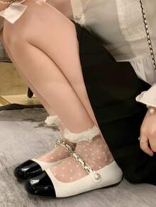 1/2/3双装夏季薄款日系洛丽塔蕾丝边袜，网眼波点水晶丝绸中筒袜，透气吸湿排汗女袜 - 彩色 - 查看 4