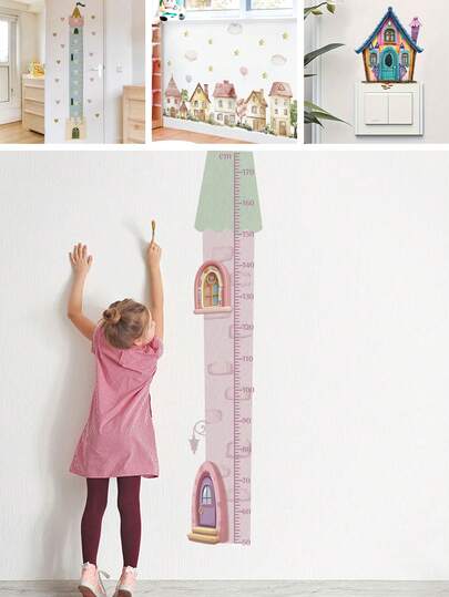 BRUP 1/2 ark/set väggdekor med sagolikt slottshöjddiagram – självhäftande och avtagbar PVC, barnrumsdekoration, lämplig för sovrum och barnrum, väggkonst med tecknat slott