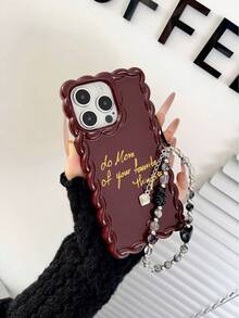 1pc Wine Red TPU Letter Phone Case + Beaded Heart Bear Wrist Strap, Suitable For IPhone 11 12 13 14 12 Pro Max 13 Pro Max 14 Pro Max 15 15 Pro 15 Pro Max 16 16 Pro 16 Pro Max 17 17 Pro 17 Pro Max, Minimalist Ins Style - Multicolor - View 1