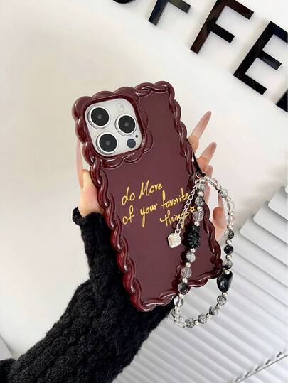 1pc Wine Red TPU Letter Phone Case + Beaded Heart Bear Wrist Strap, Suitable For IPhone 11 12 13 14 12 Pro Max 13 Pro Max 14 Pro Max 15 15 Pro 15 Pro Max 16 16 Pro 16 Pro Max 17 17 Pro 17 Pro Max, Minimalist Ins Style