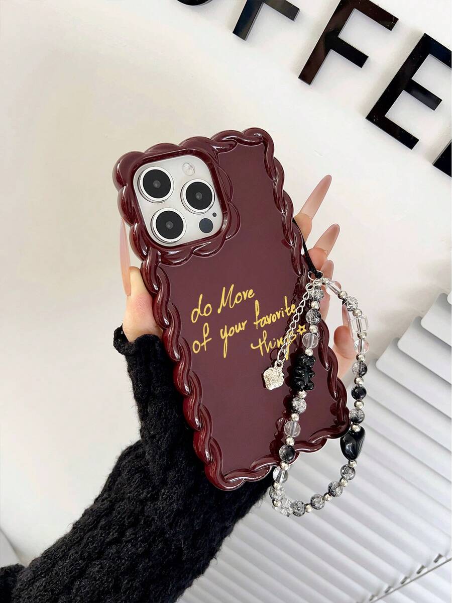 1pc Wine Red TPU Letter Phone Case + Beaded Heart Bear Wrist Strap, Suitable For IPhone 11 12 13 14 12 Pro Max 13 Pro Max 14 Pro Max 15 15 Pro 15 Pro Max 16 16 Pro 16 Pro Max 17 17 Pro 17 Pro Max, Minimalist Ins Style - Multicolor - View 1