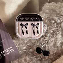 GUCADI 1pc Transparent Black & Pink Striped Bow + Silver-Plated Black Cherry Pendant, Sweet & Cool Black & Pink Bow Apple 4/Pro 2 Bluetooth Earphone Case, Cherry Pendant - Multicolor - View 6