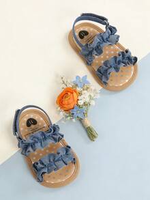 Dép xăng đan đế mềm mùa hè cho bé gái sơ sinh, giày bệt dự tiệc cưới, dép đi biển, giày chống trượt cho trẻ nhỏ với thiết kế bèo nhún dễ thương. - Màu xanh lam - Xem 4