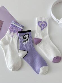 6 đôi tất mỏng dài đến bắp chân họa tiết trái tim màu tím dành cho bé gái, kiểu dáng thời trang Hàn Quốc đa năng, thích hợp cho mùa thu/đông. - Nhiều màu - Xem 5