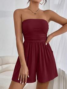 Women Summer Romper Strapless Tube Ruffle Boho Loose Shorts Jumpsuits Pockets Casual Daily Spring Holiday Beach Vacation Airport Outfits - Màu Đỏ Sâu - Xem 3