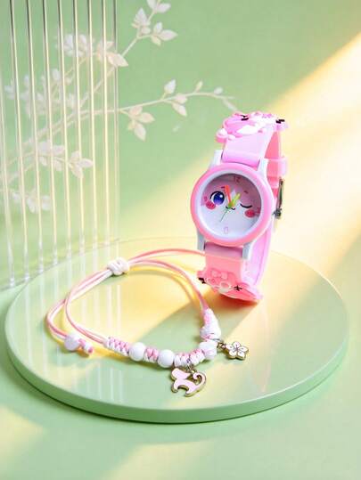2件套 女孩礼物 - 卡通猫儿童可爱小巧柔软硅胶表带指针手表，小学生创意石英腕表，可调节编织绳手链
