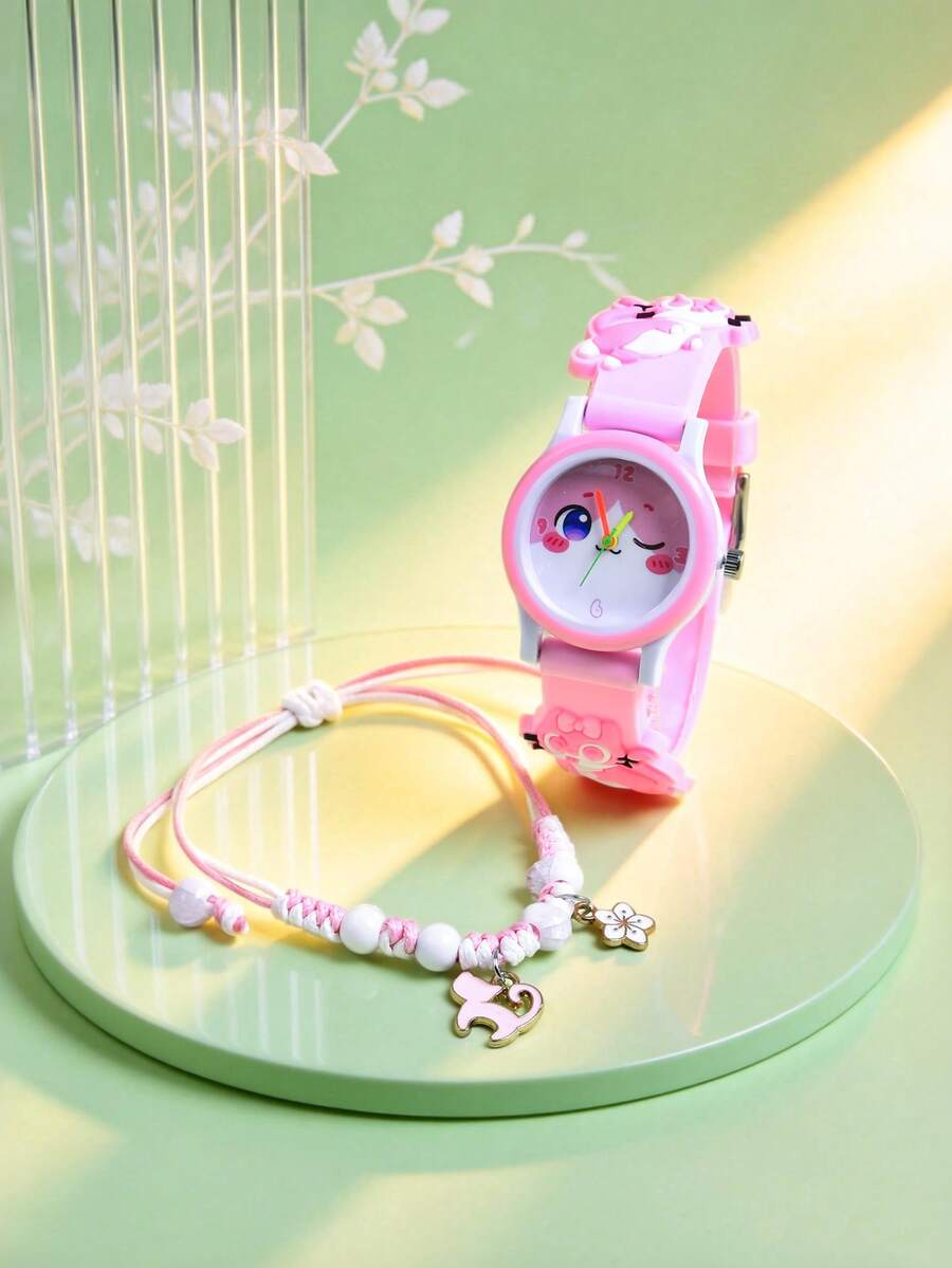 2件套 女孩礼物 - 卡通猫儿童可爱小巧柔软硅胶表带指针手表，小学生创意石英腕表，可调节编织绳手链