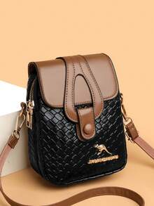 编织压纹多功能女士单肩斜挎包，轻便休闲时尚多用途钱包，适合通勤和送礼 - 黑色 - 查看 9