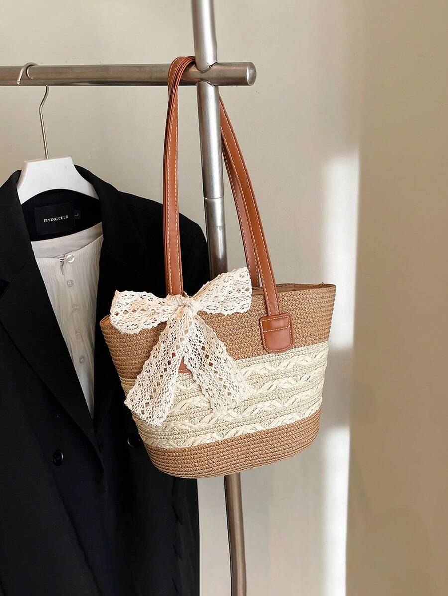 1pc Girl's Straw Bucket Bag, Zipper Closure, Fashion Beach Shoulder Bag, Suitable For Daily Use - Off-white Wavy Khaki - View 1