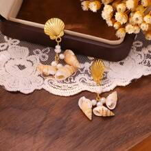 2件套时尚简约夏季海滩度假百搭不锈钢优雅海洋吊坠和珍珠耳环，女士款 - 彩色 - 查看 7