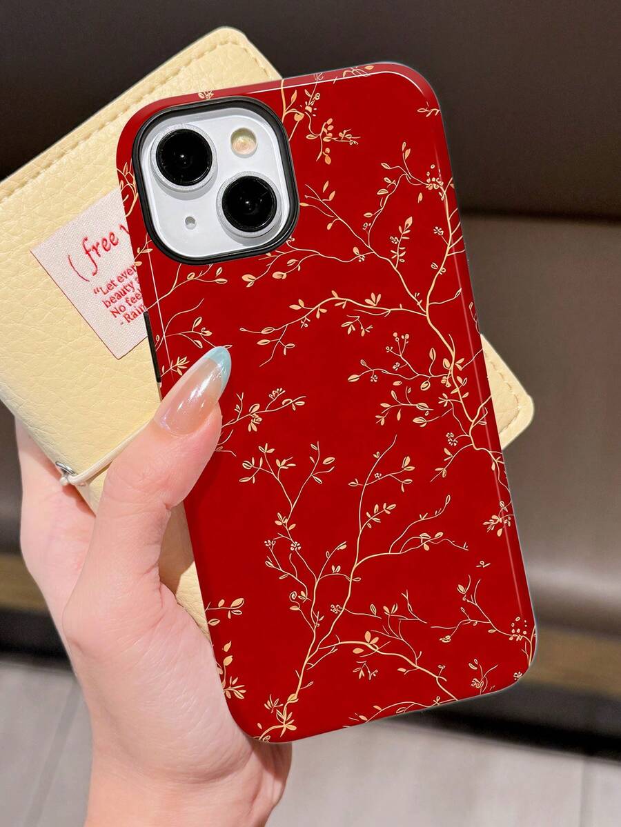 1 pieza Nuevo estuche de teléfono de estilo chino con patrón de rama rojo y dorado brillante 2 en 1 Phirim de cobertura completa y carcasa dura compatible con Samsung/compatible con iPhone 11/12/13/14/15/16/17 Pro Max - Multicolor - Ver 1