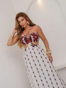 New Model Long Dresses With 3D Multicolor Print. - 酒紅色 - 查看 3