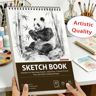 A5螺旋装订素描本，180克重磅无酸艺术纸，30页专业绘画笔记本，适用于铅笔素描、水彩画、涂鸦和日常练习，轻便易携，适合艺术家、学生和初学者，封面设计为大熊猫在竹林中吃竹子的铅笔素描，是理想的返校用品和送给艺术爱好者的创意礼物。