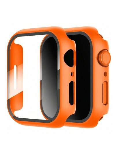 Tempered Glass Screen Protector - Full Surrounding Hardshell PC Protective Case, High Definition Ultra-Thin Suitable For Apple Watch Series Ultra/SE/11/10/9/8/7/6/5/4/3/2/1, Fits 38/40/41/42/44/45/46/49mm Cases, Smart Watch Accessories, Orange
