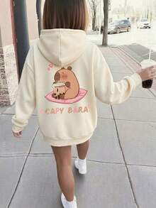 1件少女休闲水豚印花套头卫衣，保暖内衬，色彩鲜艳的图案设计，适合情人节穿着 - 杏色 - 查看 1