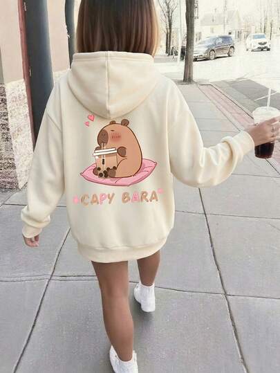 1pc Tween Girl Casual Capybara Print Pullover Sweatshirt, Warm Thermal Lined, Colorful Graphic Design, Suitable For Valentine's Day