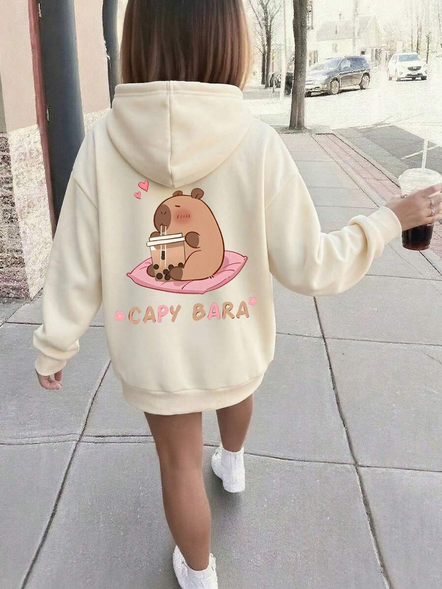 1件少女休闲水豚印花套头卫衣，保暖内衬，色彩鲜艳的图案设计，适合情人节穿着 - 杏色 - 查看 1