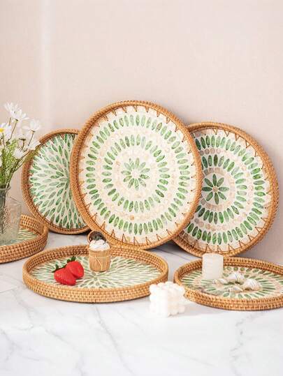 1 Piece Mother-Of-Pearl Inlaid Wooden Base Rattan Tray Tray Living Room Home Storage Basket Decoration Dinner Dinner Tray Non-Food Contact