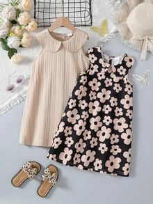 2pcs/Set Young Girls' Summer Casual Dress, Floral Print Collar Sleeveless + Solid Color, Minimalist Fashion Comfortable Girls Dress, Suitable For Vacation, Daily Wear, Outdoor, Beach - Multicolor - View 1