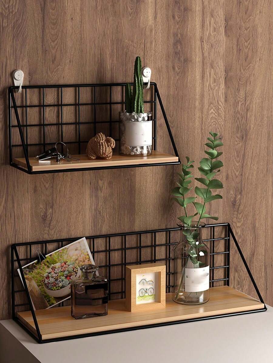 1pc Iron Wall Mounted Shelf, No Drilling Required, Bedside Storage Rack, Wall Hanging Organizer (With Hooks) - Black - View 1