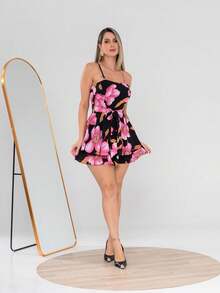 Basic Printed Romper With Padded Cups Duna Premium Sizes P, M, G, And GG - Black Floral Pink - View 2
